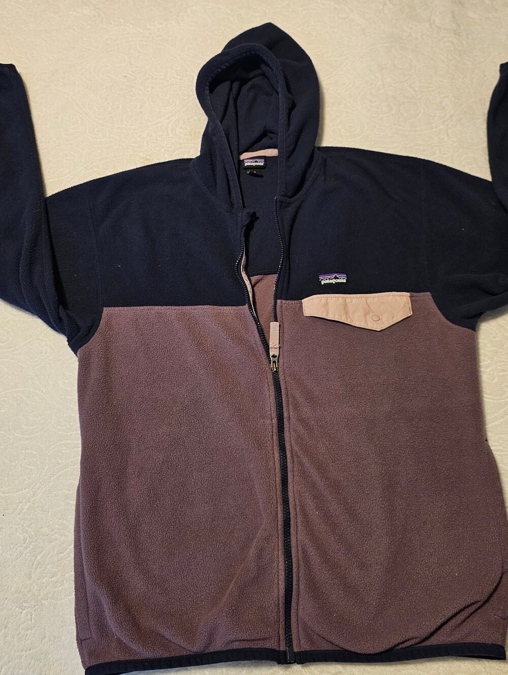 Patagonia Kids XL 14 Micro D Snap-T Hooded Fleece Jacket Navy Purple Full Zip